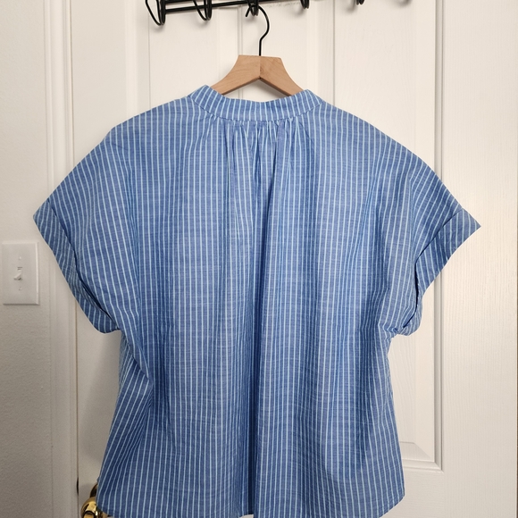 Finley Jay Striped Cotton Chambray Blouse In Aqua/blue - Picture 9 of 11